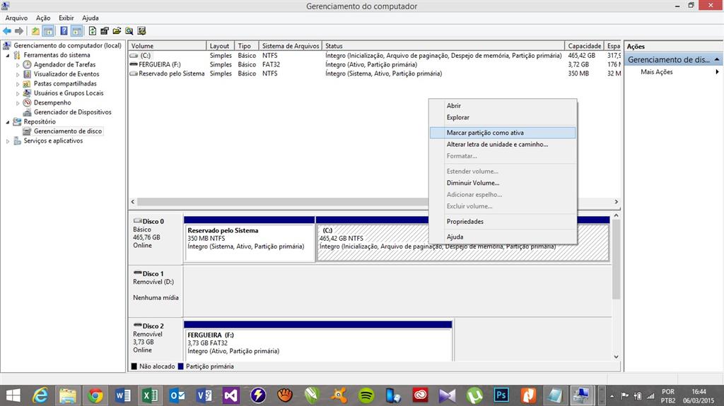 Com a formatação concluida, para finalizar processo e preciso selecionar a opção de marcar partição como ativa