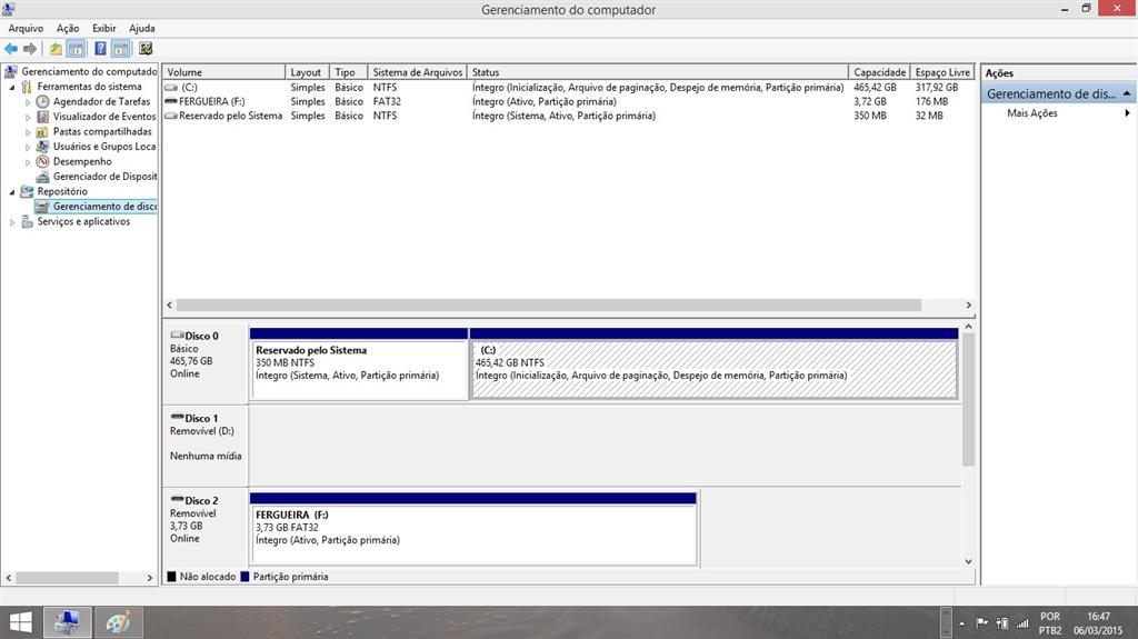 Tela de Gerenciamento de disco onde vai ser selecionado o HD externo